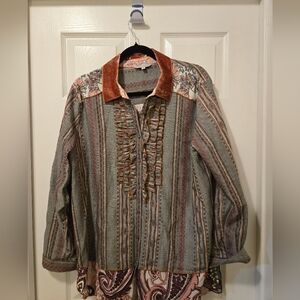 John Mark Striped Ruffle Front Blouse with Rust Velvet Collar